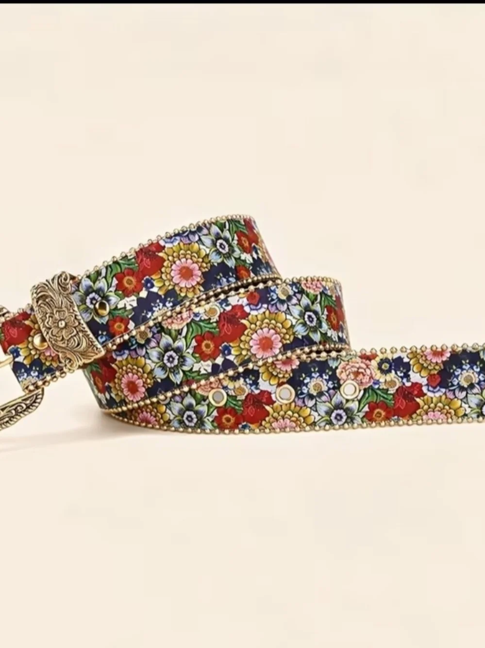 Floral Embellished Women's Belt with Antique Gold Buckle